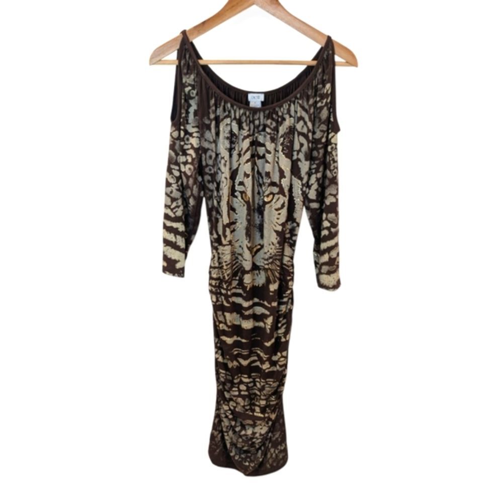 New Cache Tiger Graphic Print Bodycon Dress Cold Shoulder Medium - Picture 2 of 10